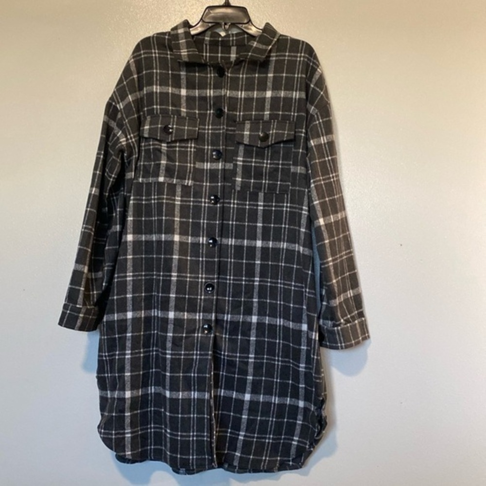 PUWEI Casual Lapel Button Down Long Plaid Shirt Coat Tartan Shacket Jacket XL